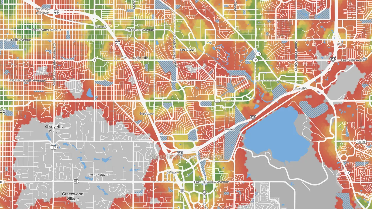 Walk Grade map of Cherry Creek, Denver, CO, walkable areas in green and car-dependent areas in red