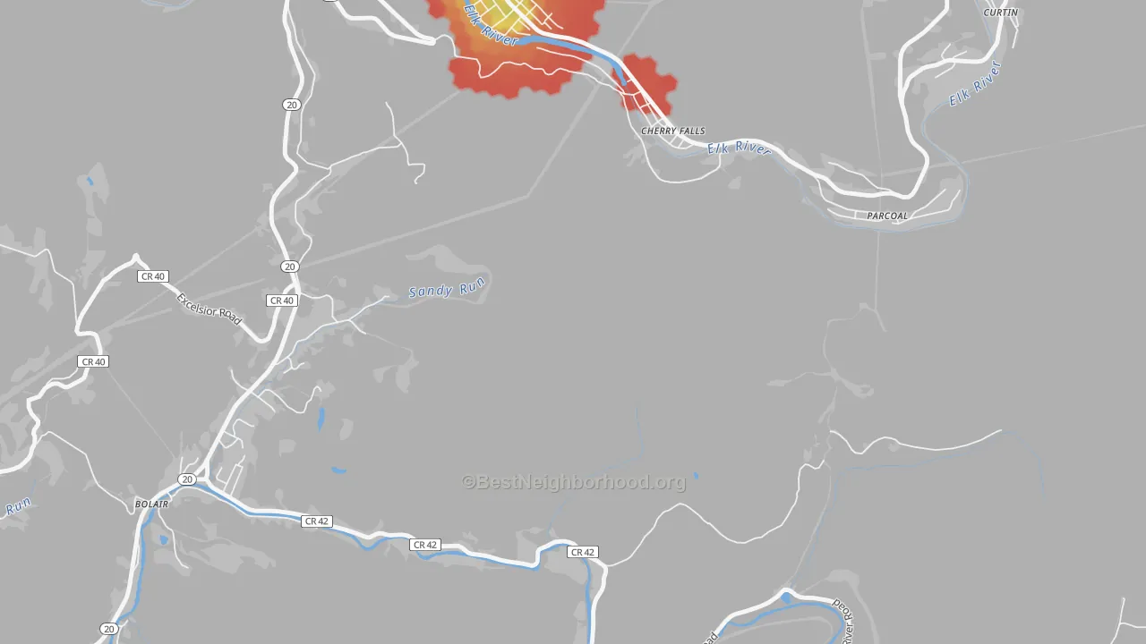 Walk Grade map of Cherry Falls, WV, walkable areas in green and car-dependent areas in red