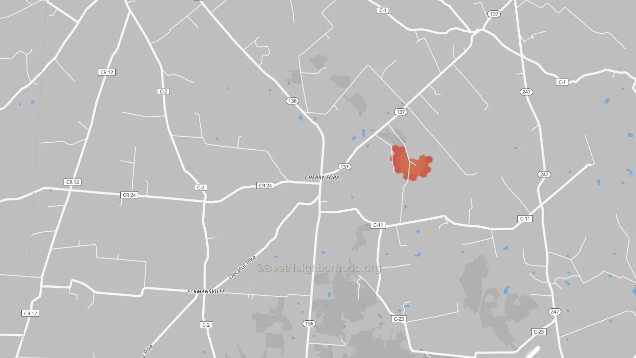 Walk Grade map of Cherry Fork, OH, walkable areas in green and car-dependent areas in red