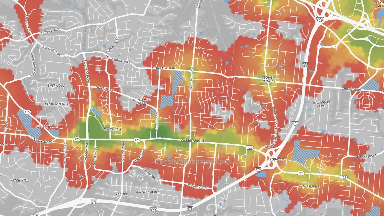 Walk Grade map of Cherry Grove, Cincinnati, OH, walkable areas in green and car-dependent areas in red