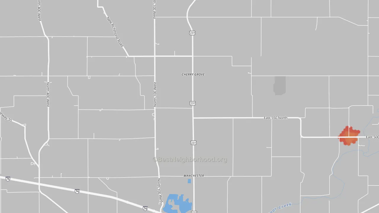 Walk Grade map of Cherry Grove, IN, walkable areas in green and car-dependent areas in red