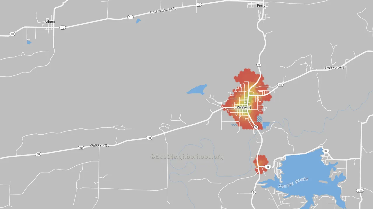 Walk Grade map of Cherry Hill, AR, walkable areas in green and car-dependent areas in red