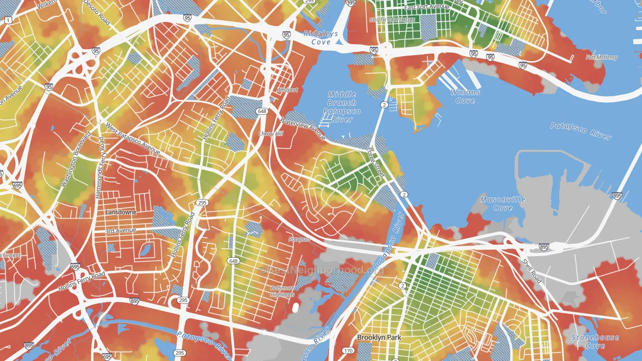 Walk Grade map of Cherry Hill, Brooklyn, MD, walkable areas in green and car-dependent areas in red
