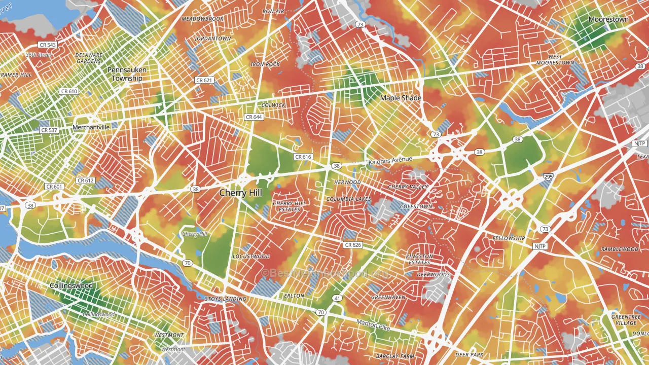 Walk Grade map of Cherry Hill Mall, NJ, walkable areas in green and car-dependent areas in red