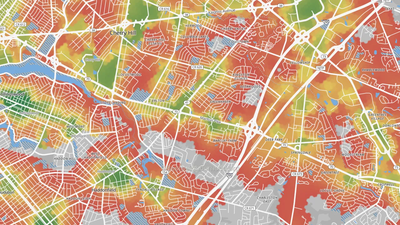 Walk Grade map of Cherry Hill, NJ, walkable areas in green and car-dependent areas in red