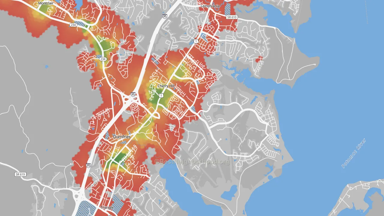Walk Grade map of Cherry Hill, VA, walkable areas in green and car-dependent areas in red