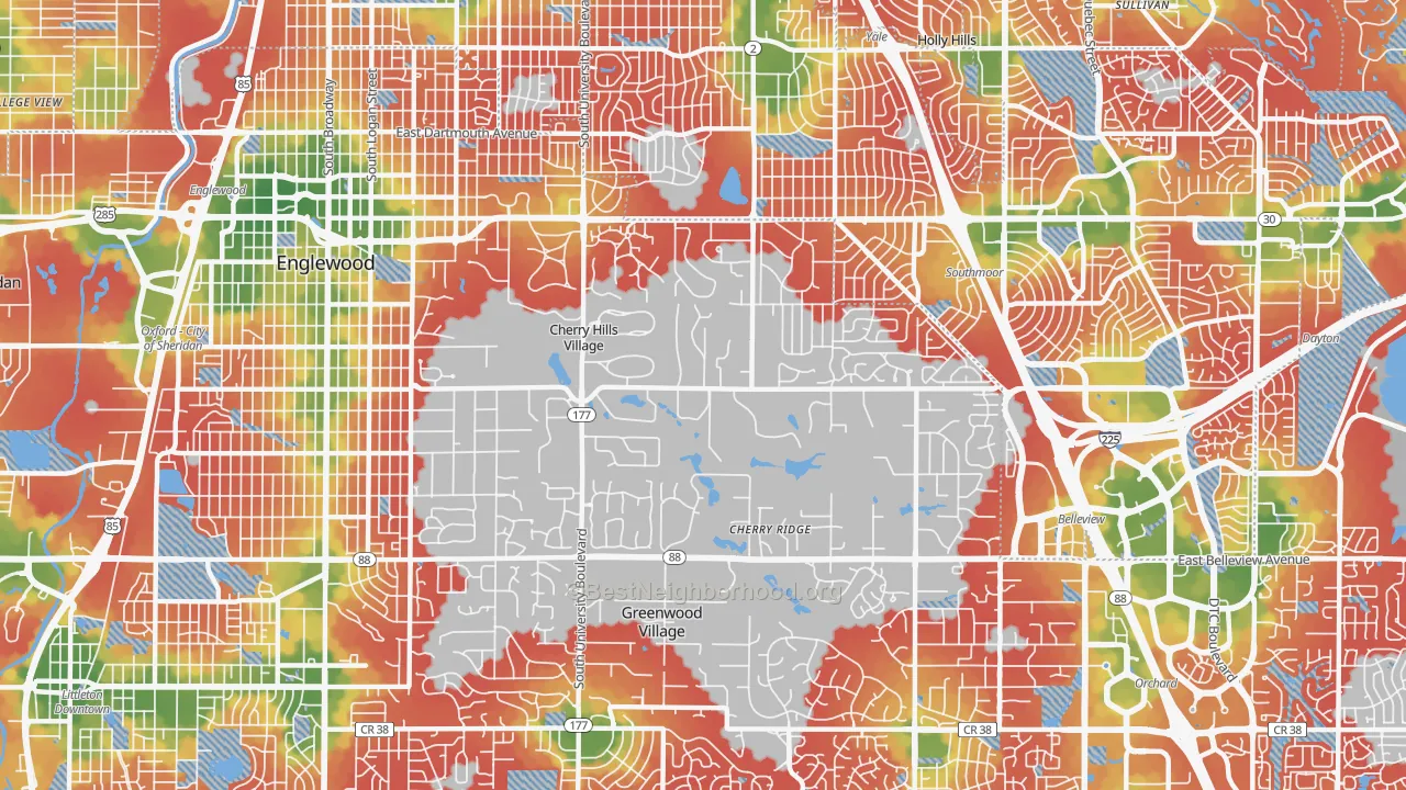 Walk Grade map of Cherry Hills Village, CO, walkable areas in green and car-dependent areas in red