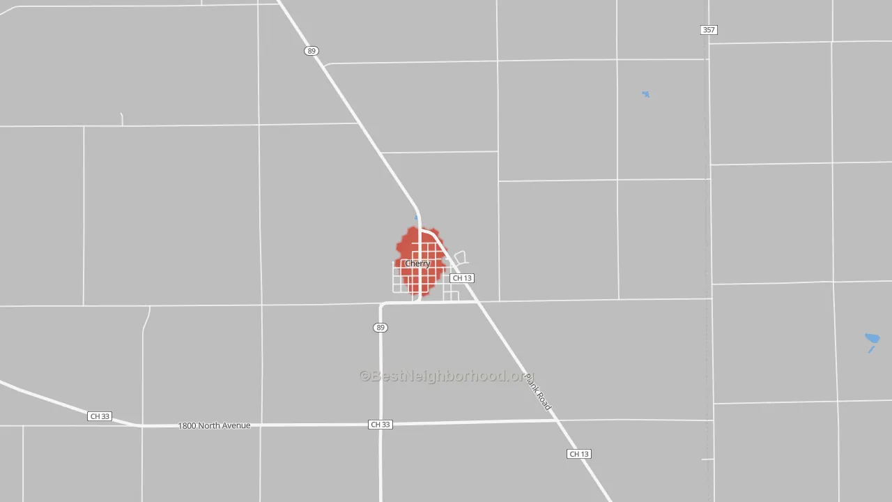 Walk Grade map of Cherry, IL, walkable areas in green and car-dependent areas in red