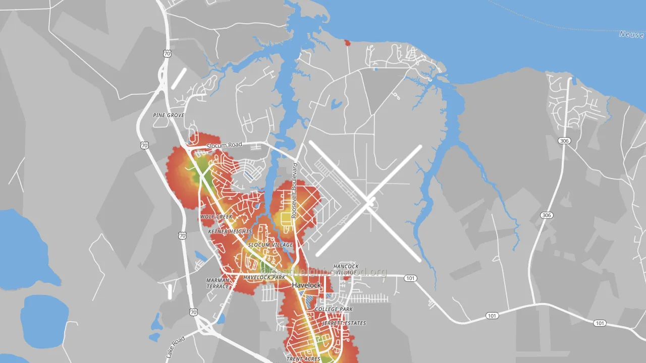 Walk Grade map of Cherry Point, NC, walkable areas in green and car-dependent areas in red