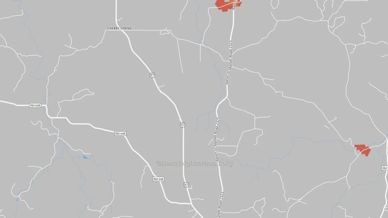 Walk Grade map of Cherry Spring, TX, walkable areas in green and car-dependent areas in red