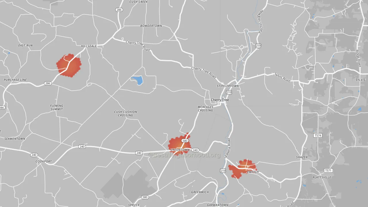 Walk Grade map of Cherry Tree, PA, walkable areas in green and car-dependent areas in red