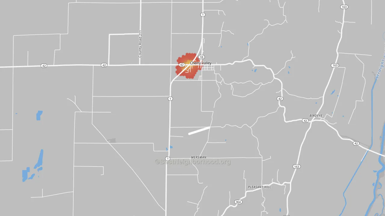 Walk Grade map of Cherry Valley, AR, walkable areas in green and car-dependent areas in red