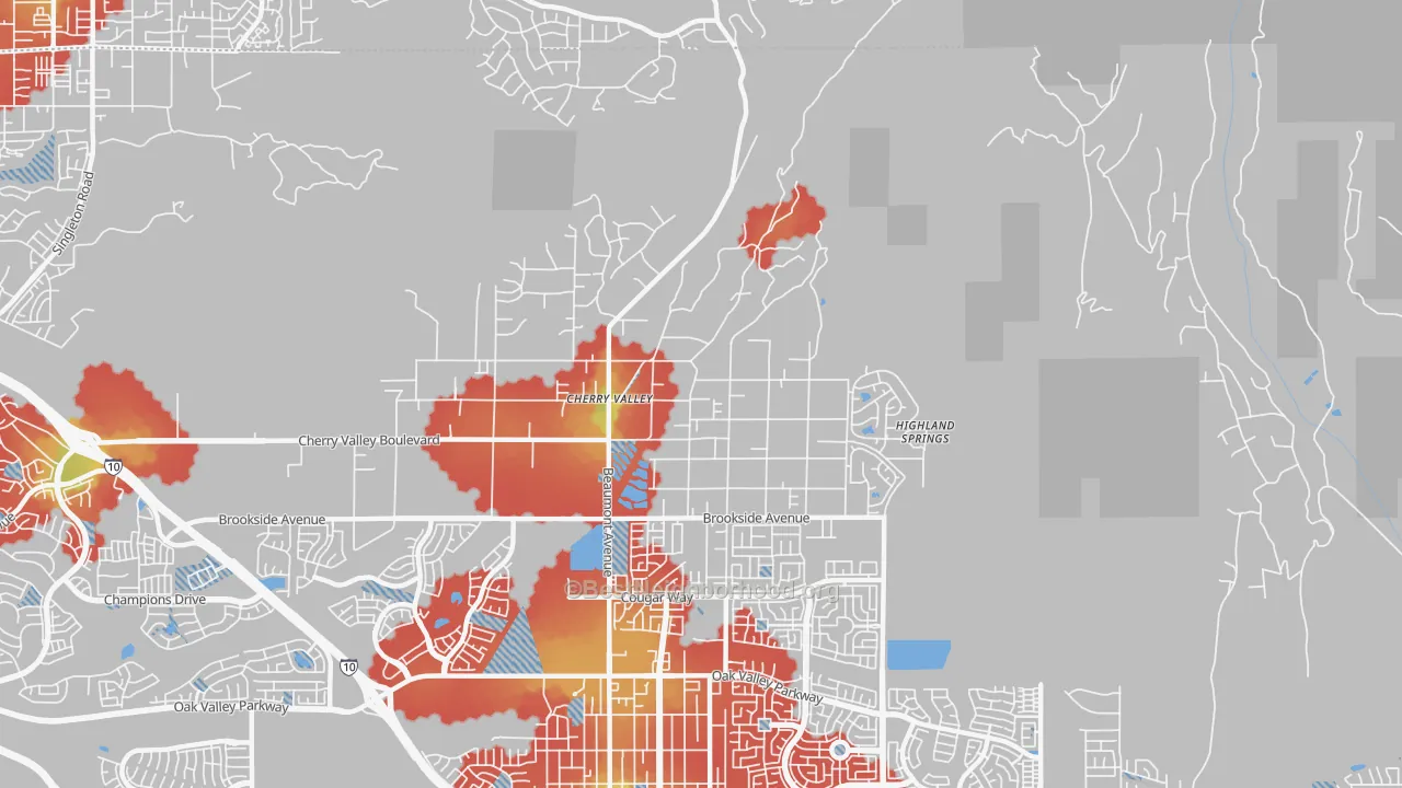 Walk Grade map of Cherry Valley, CA, walkable areas in green and car-dependent areas in red