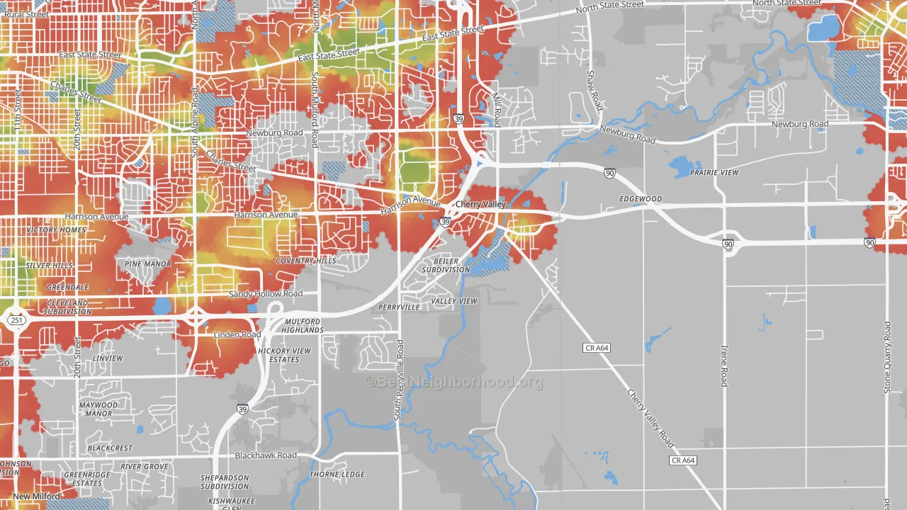 Walk Grade map of Cherry Valley, IL, walkable areas in green and car-dependent areas in red