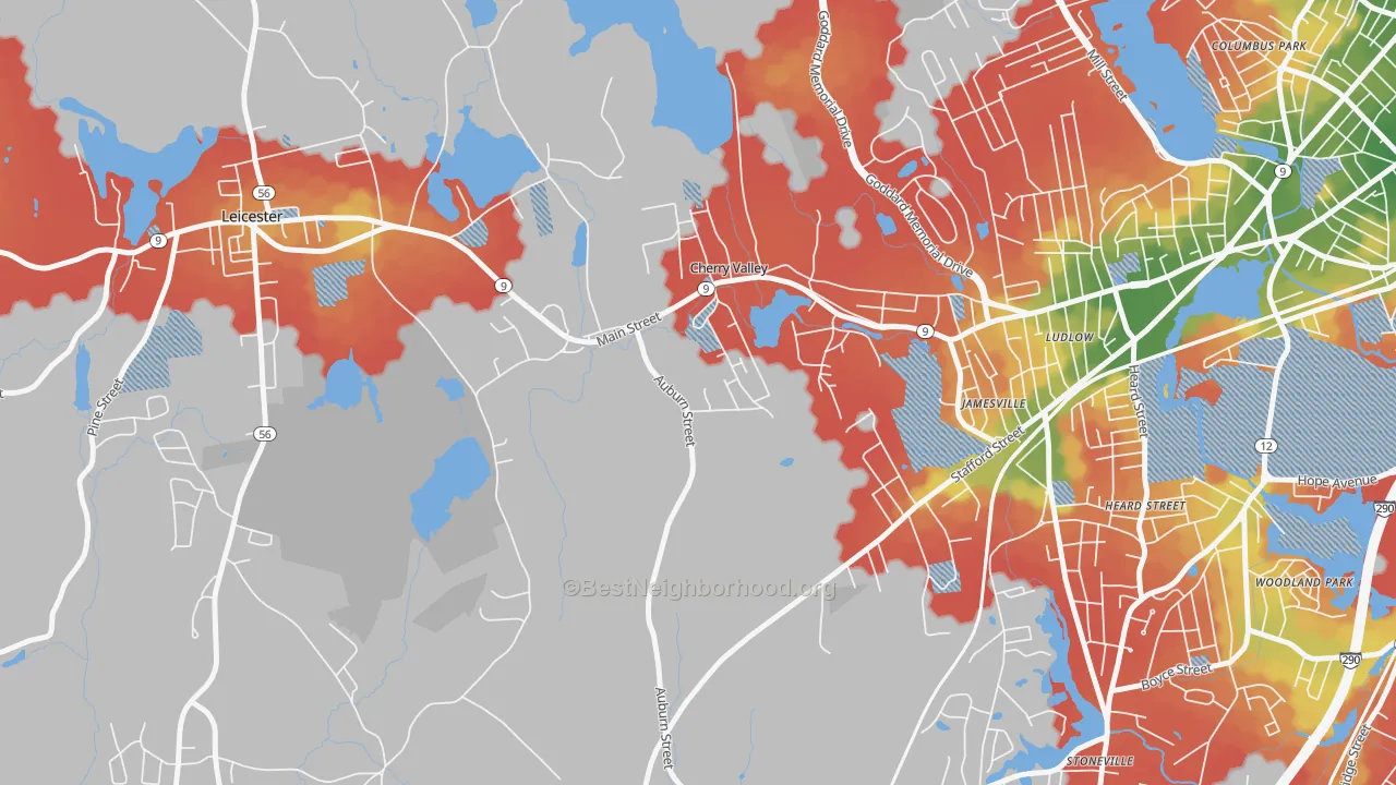 Walk Grade map of Cherry Valley, MA, walkable areas in green and car-dependent areas in red