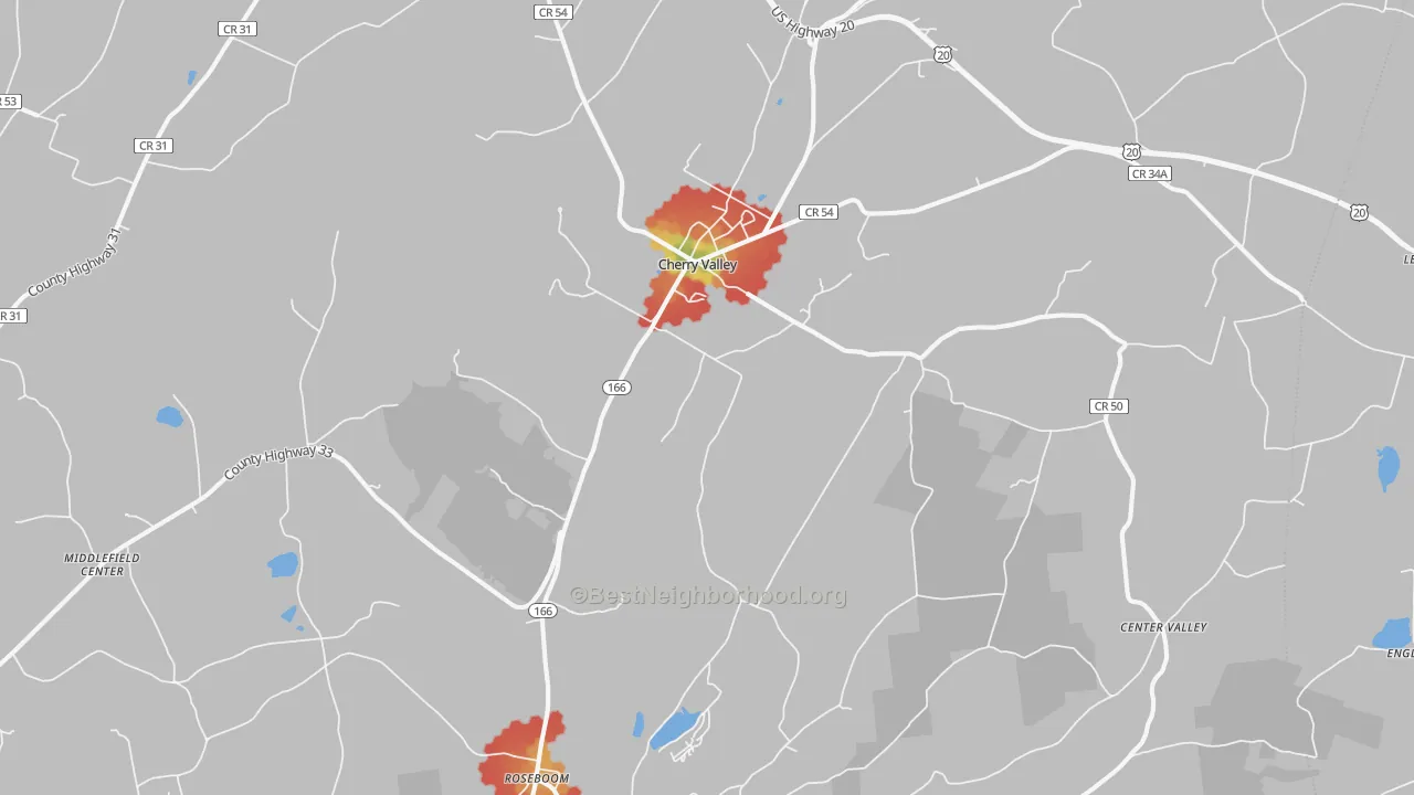 Walk Grade map of Cherry Valley, NY, walkable areas in green and car-dependent areas in red