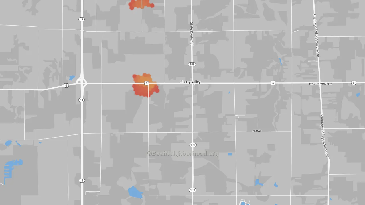 Walk Grade map of Cherry Valley, OH, walkable areas in green and car-dependent areas in red