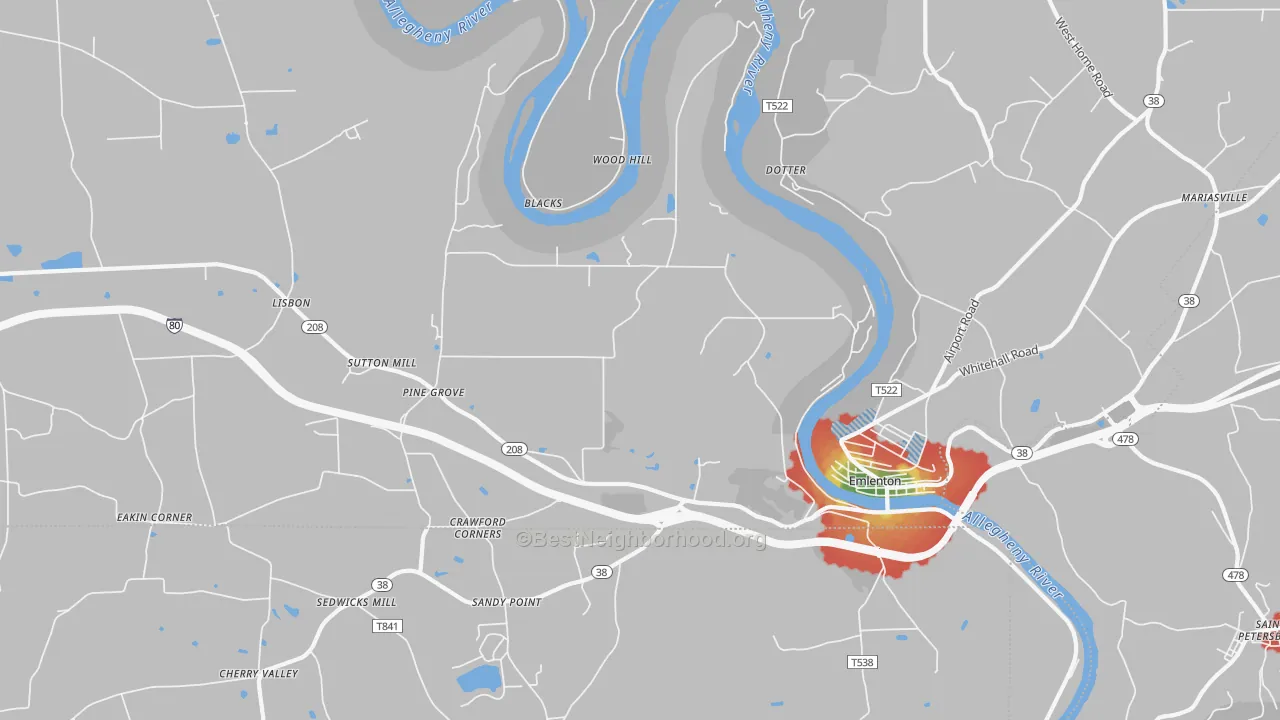 Walk Grade map of Cherry Valley, PA, walkable areas in green and car-dependent areas in red