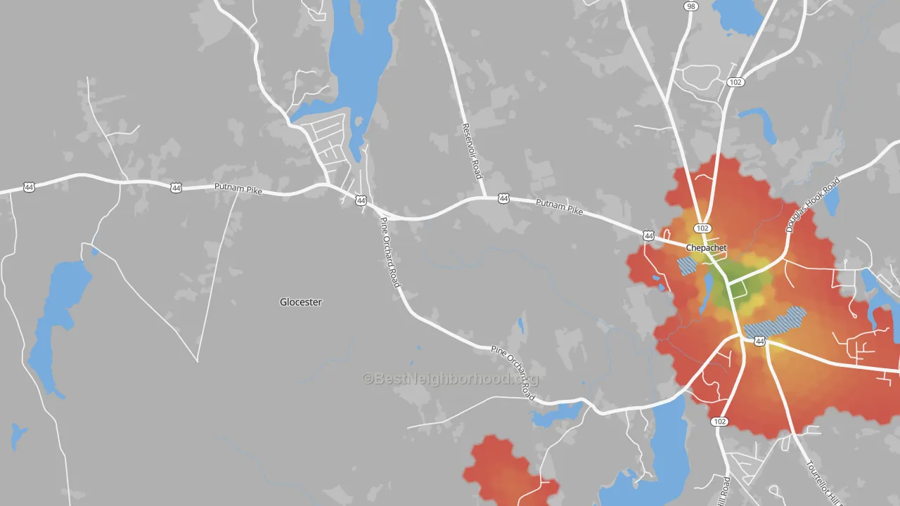 Walk Grade map of Cherry Valley, RI, walkable areas in green and car-dependent areas in red