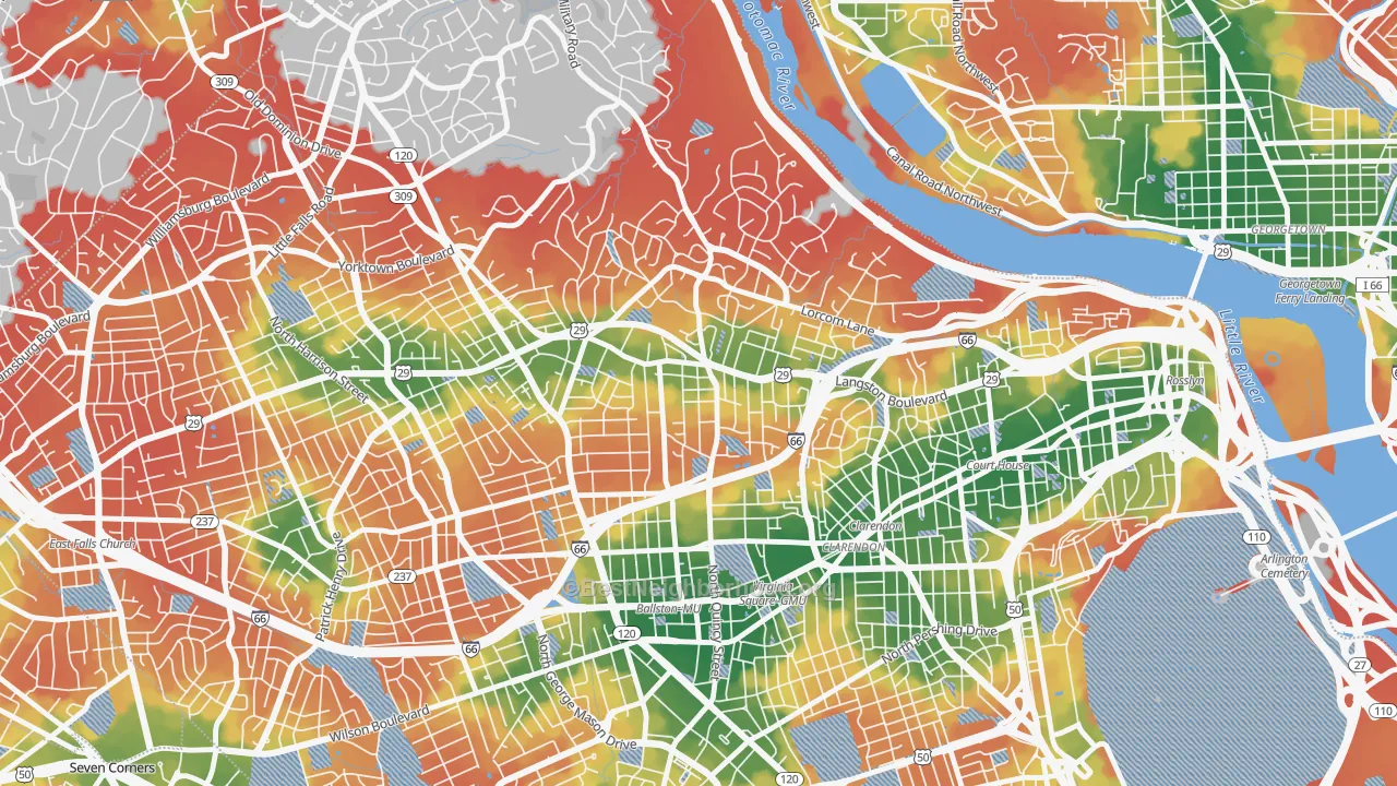 Walk Grade map of Cherrydale, Arlington, VA, walkable areas in green and car-dependent areas in red