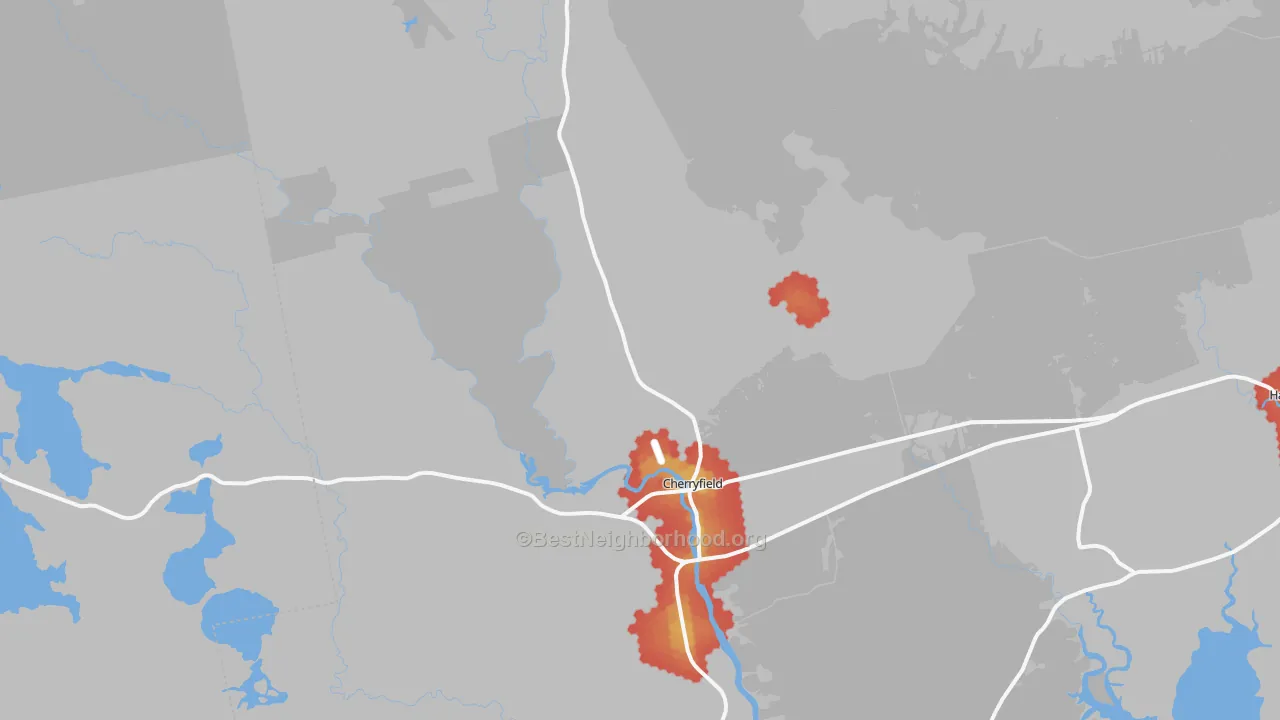 Walk Grade map of Cherryfield, ME, walkable areas in green and car-dependent areas in red