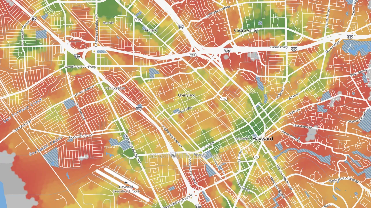 Walk Grade map of Cherryland, CA, walkable areas in green and car-dependent areas in red