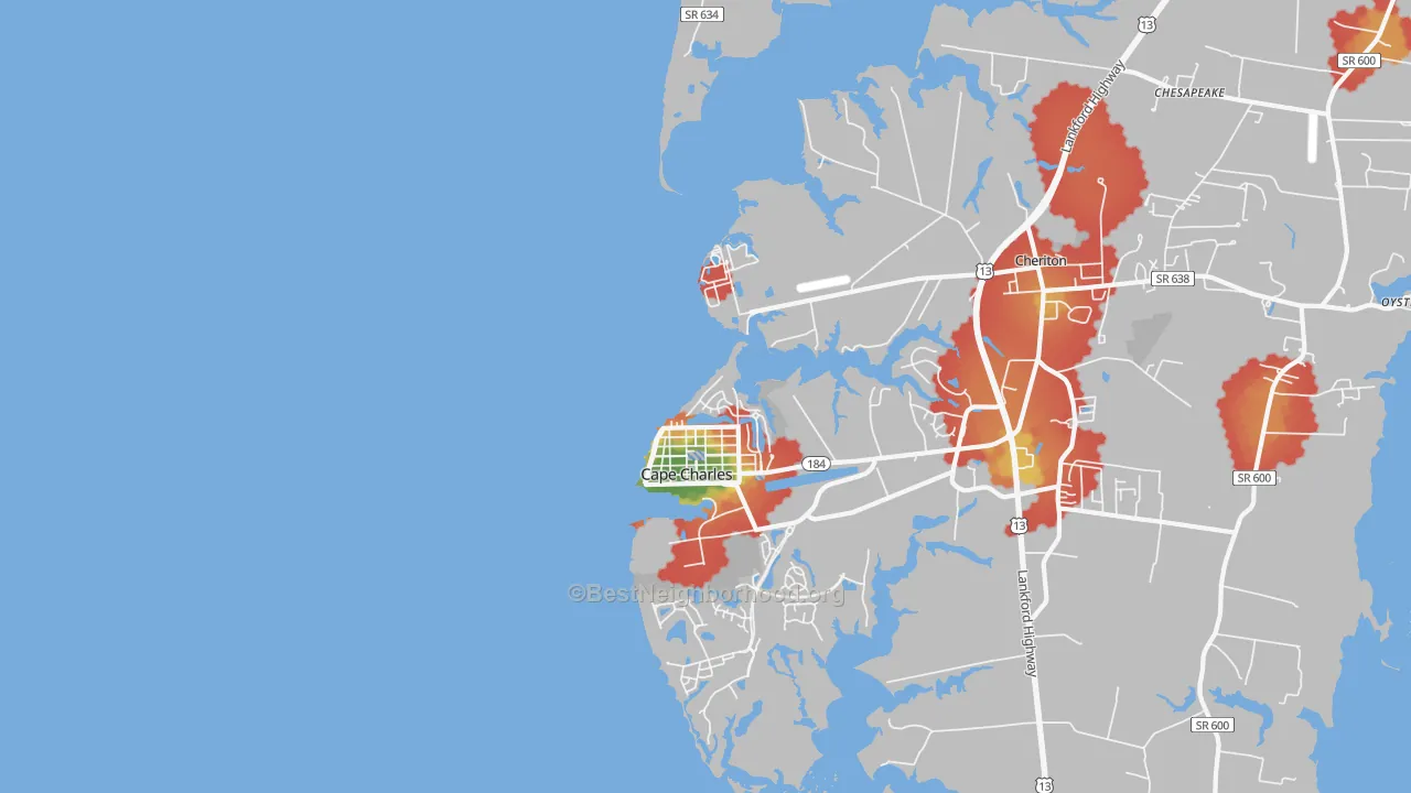 Walk Grade map of Cherrystone, VA, walkable areas in green and car-dependent areas in red