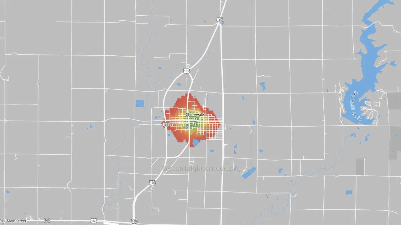 Walk Grade map of Cherryvale, KS, walkable areas in green and car-dependent areas in red