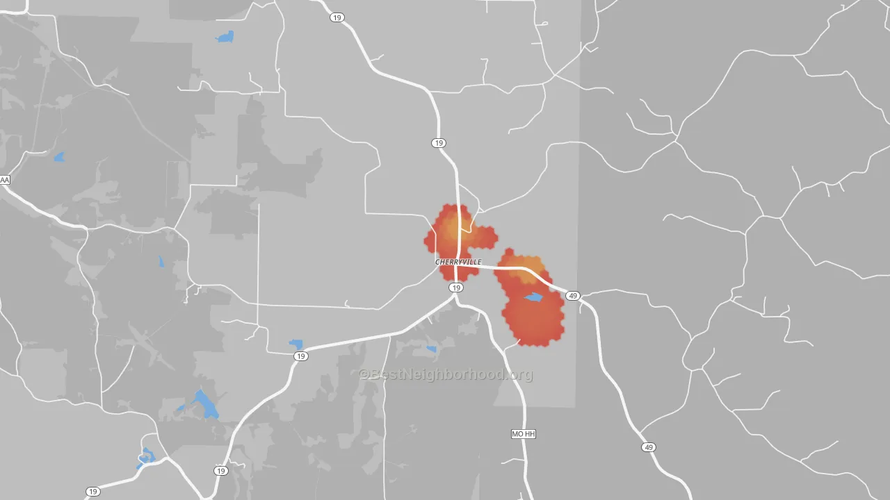 Walk Grade map of Cherryville, MO, walkable areas in green and car-dependent areas in red
