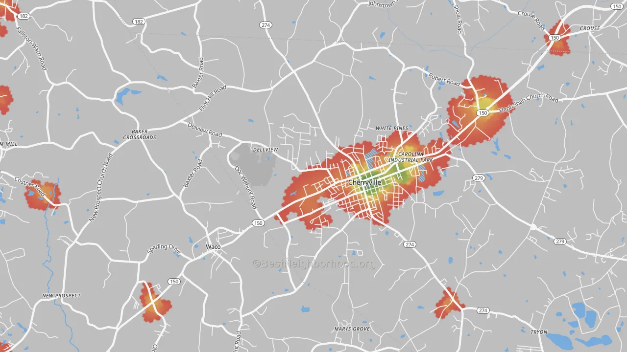 Walk Grade map of Cherryville, NC, walkable areas in green and car-dependent areas in red