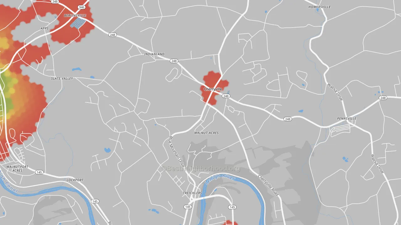 Walk Grade map of Cherryville, PA, walkable areas in green and car-dependent areas in red