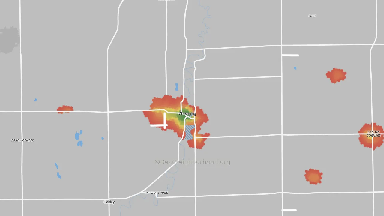 Walk Grade map of Chesaning, MI, walkable areas in green and car-dependent areas in red