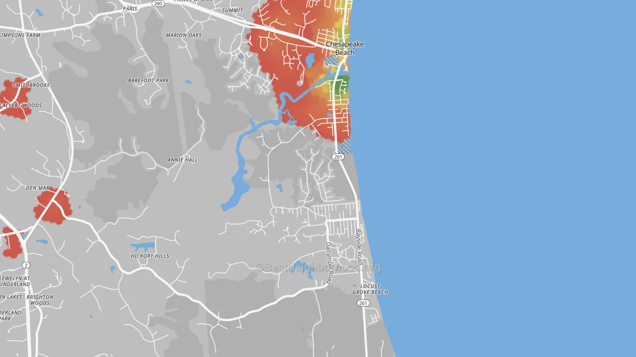 Walk Grade map of Chesapeake Beach, MD, walkable areas in green and car-dependent areas in red