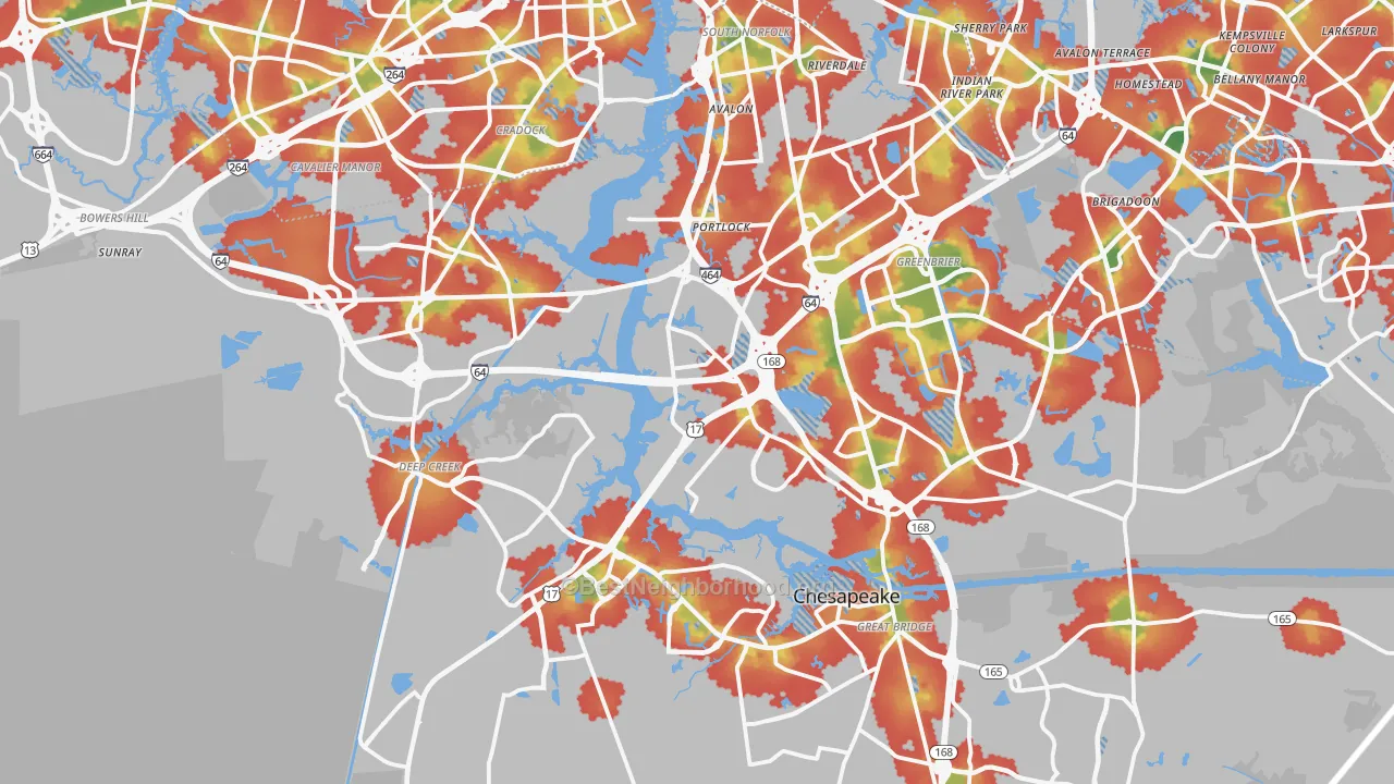 Walk Grade map of Chesapeake City, VA, walkable areas in green and car-dependent areas in red