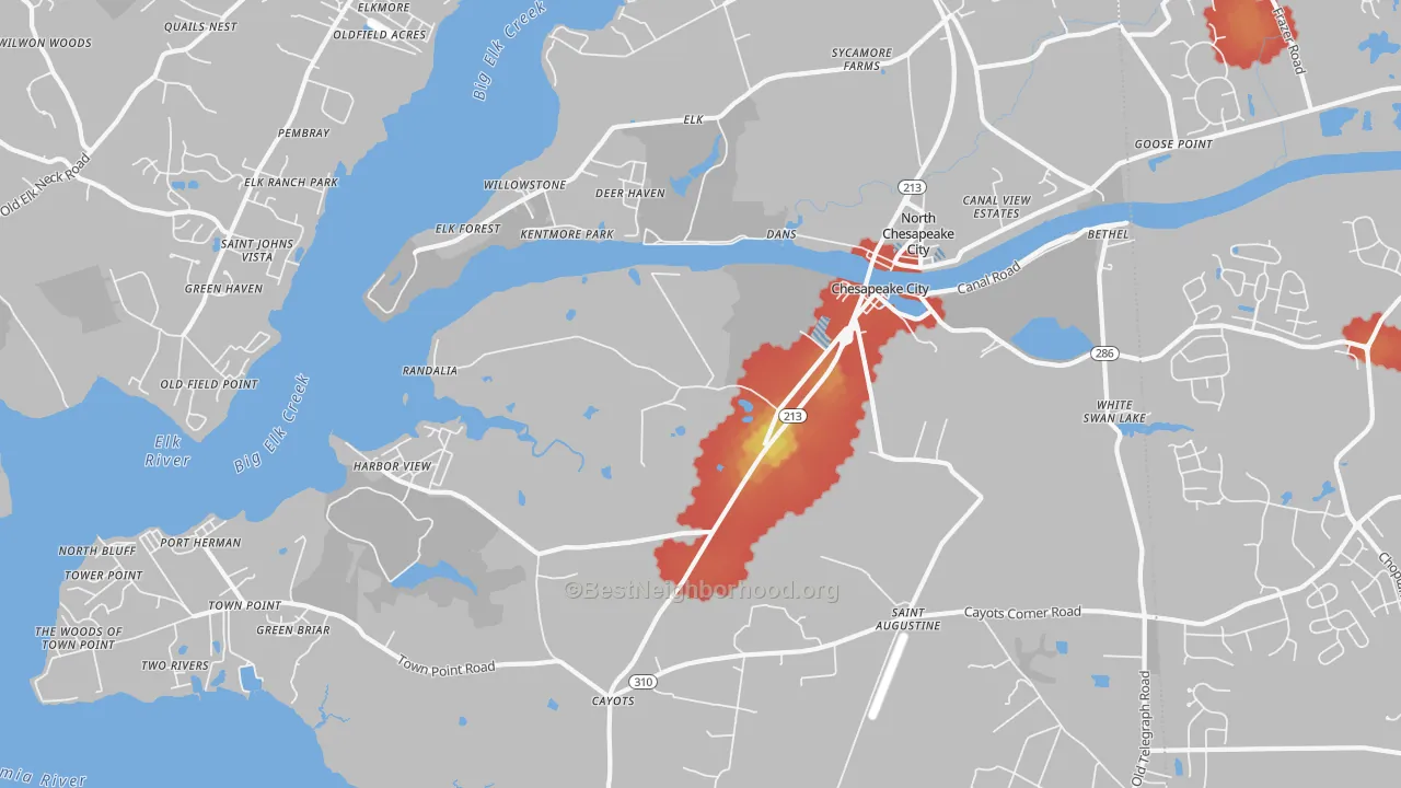 Walk Grade map of Chesapeake City, MD, walkable areas in green and car-dependent areas in red