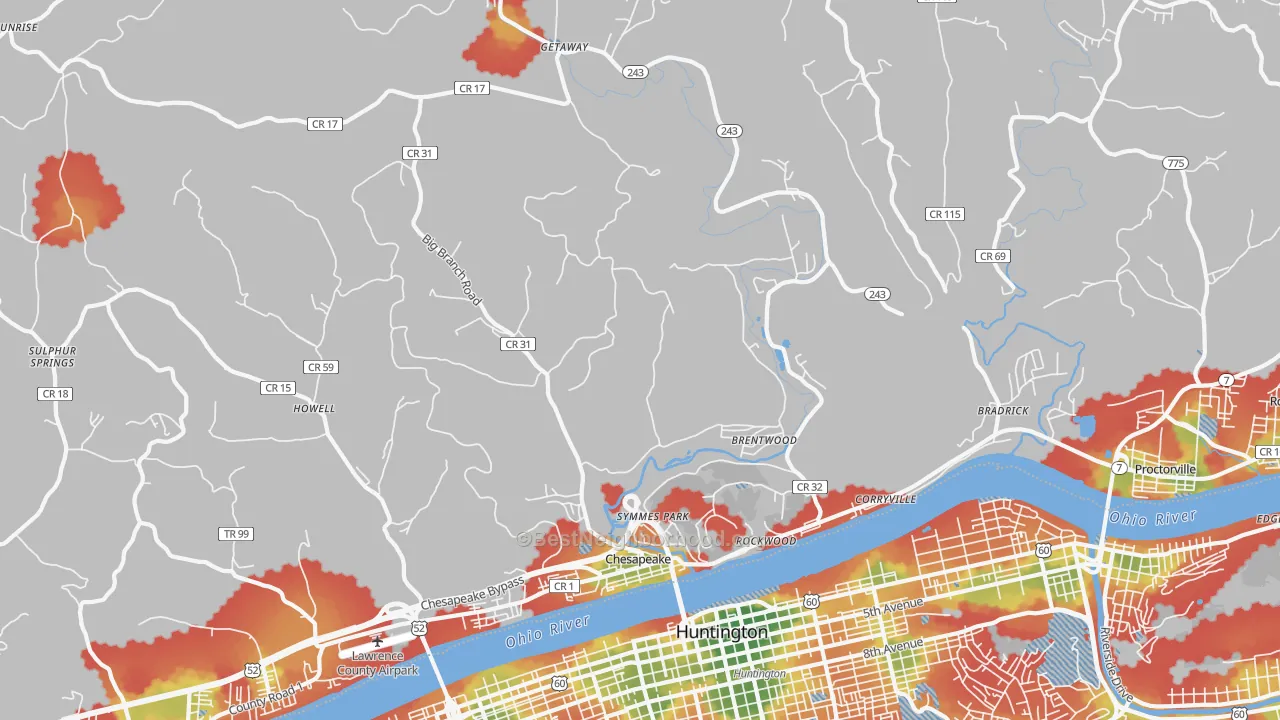 Walk Grade map of Chesapeake, OH, walkable areas in green and car-dependent areas in red