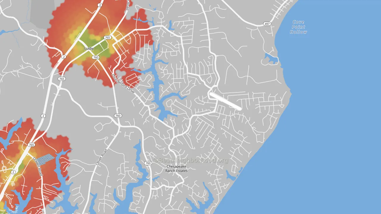 Walk Grade map of Chesapeake Ranch Estates, MD, walkable areas in green and car-dependent areas in red