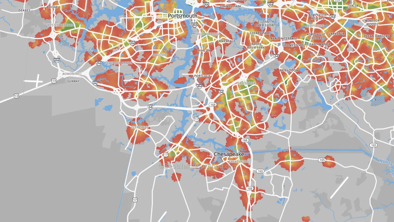 Walk Grade map of Chesapeake, VA, walkable areas in green and car-dependent areas in red