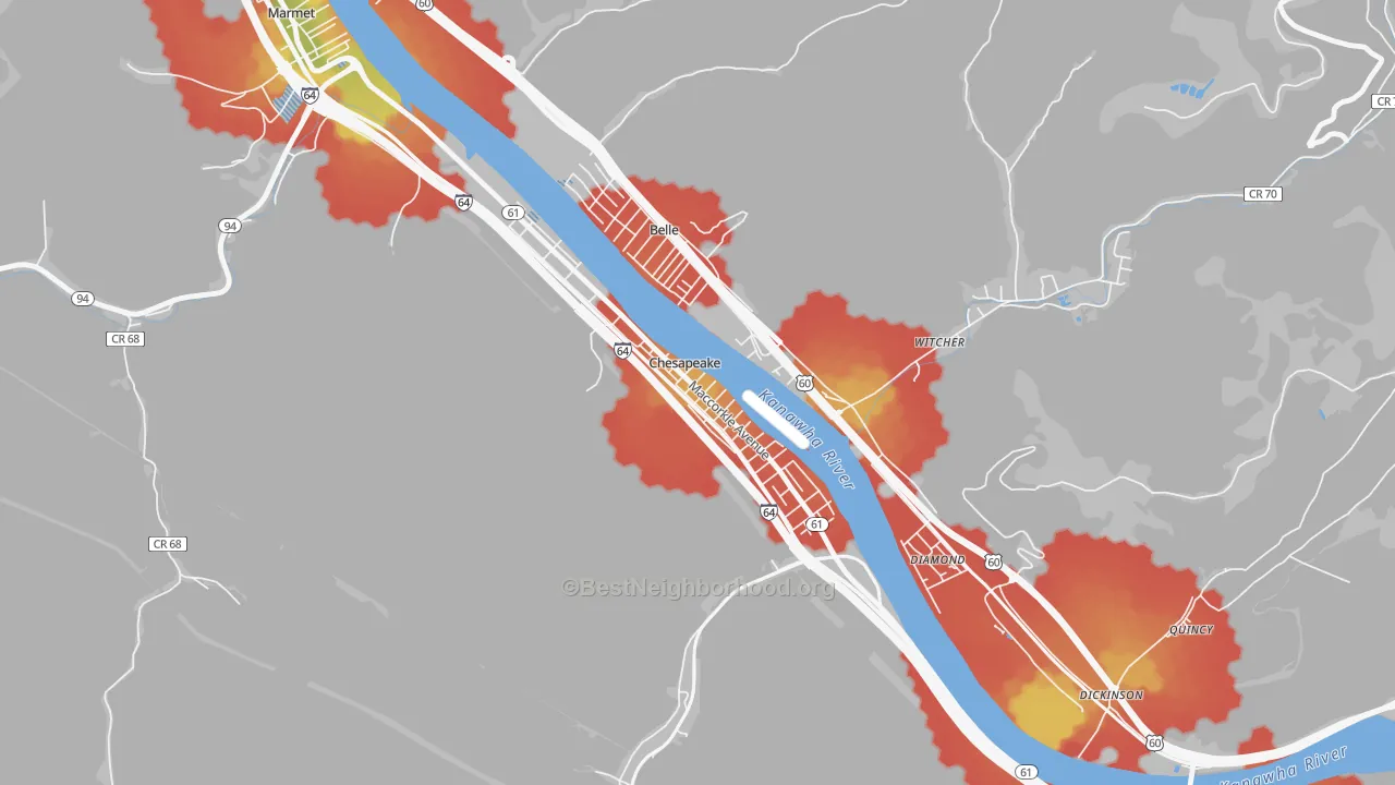 Walk Grade map of Chesapeake, WV, walkable areas in green and car-dependent areas in red