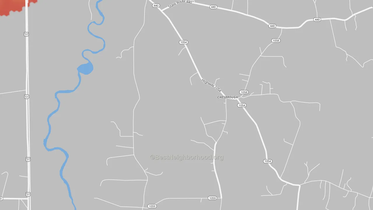 Walk Grade map of Chesbrough, LA, walkable areas in green and car-dependent areas in red