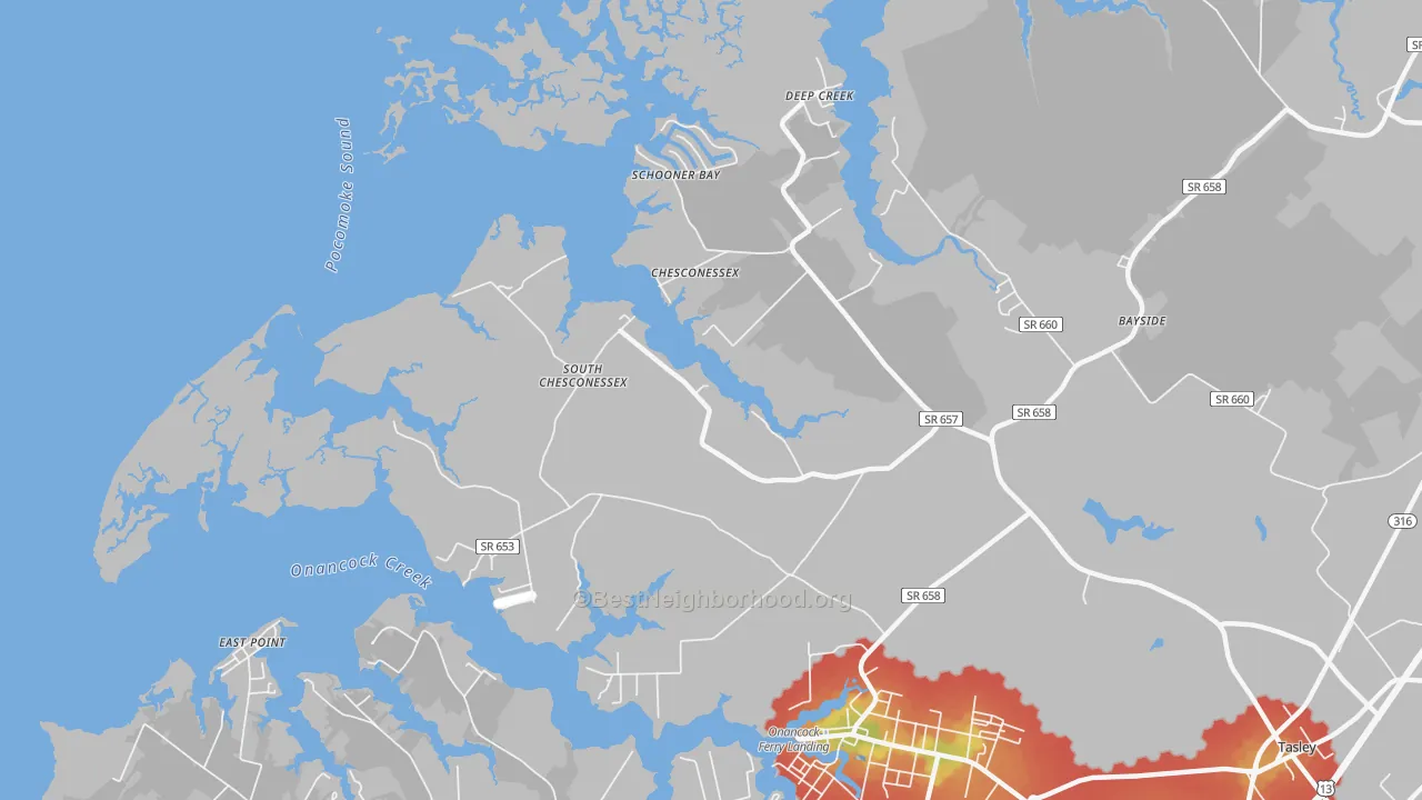 Walk Grade map of Chesconessex, VA, walkable areas in green and car-dependent areas in red