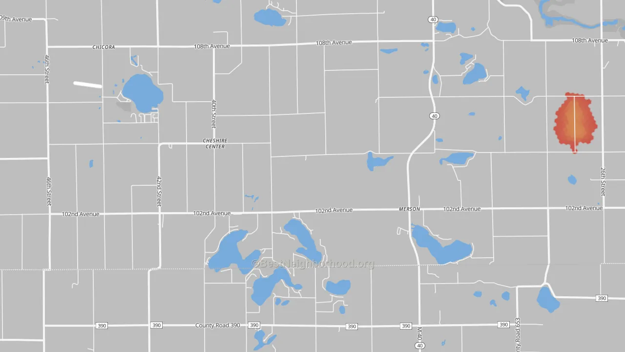 Walk Grade map of Cheshire Center, MI, walkable areas in green and car-dependent areas in red