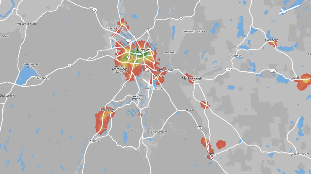 Walk Grade map of Cheshire County, NH, walkable areas in green and car-dependent areas in red