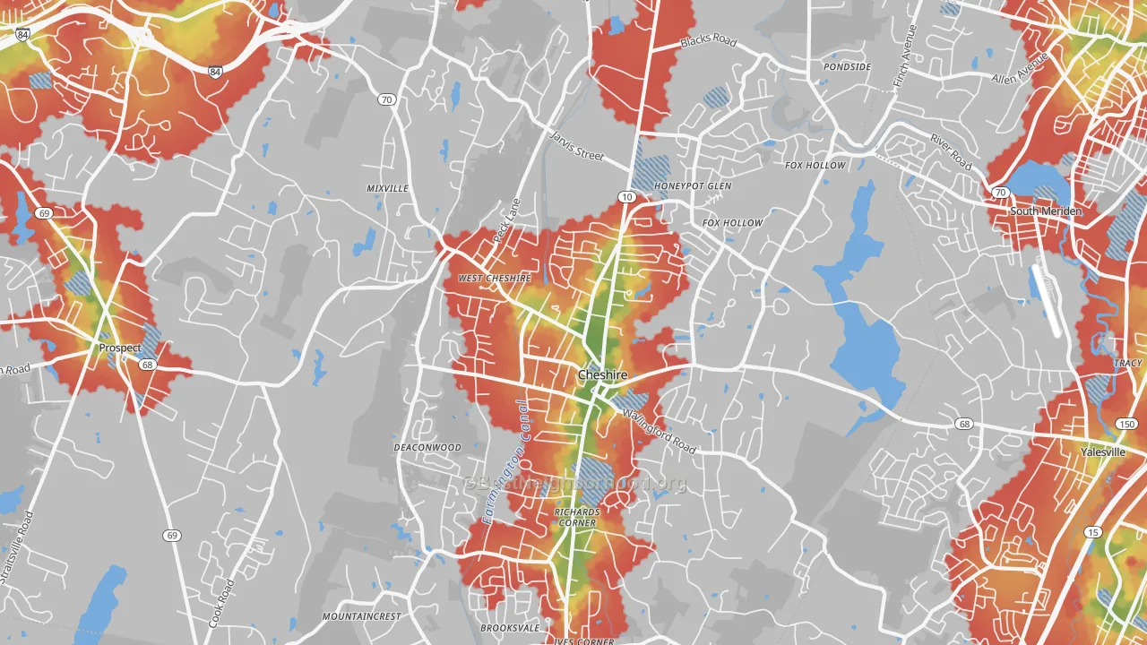 Walk Grade map of Cheshire, CT, walkable areas in green and car-dependent areas in red