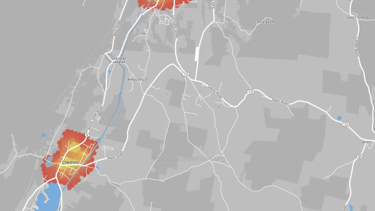 Walk Grade map of Cheshire Harbor, MA, walkable areas in green and car-dependent areas in red