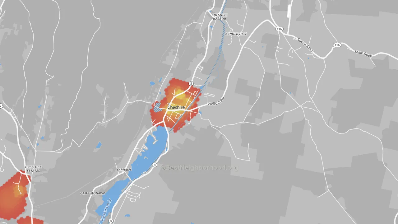 Walk Grade map of Cheshire, MA, walkable areas in green and car-dependent areas in red