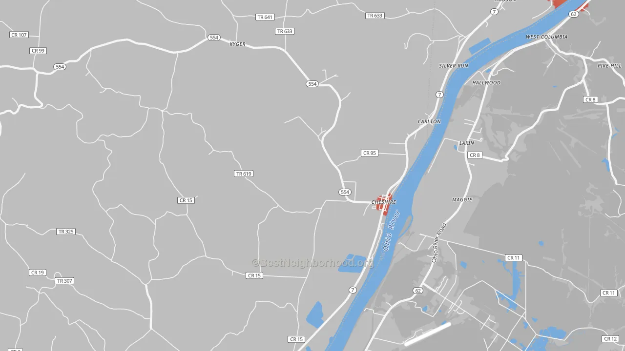 Walk Grade map of Cheshire, OH, walkable areas in green and car-dependent areas in red