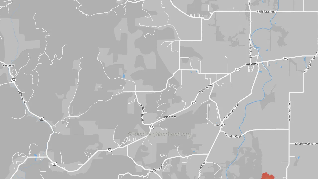 Walk Grade map of Cheshire, OR, walkable areas in green and car-dependent areas in red
