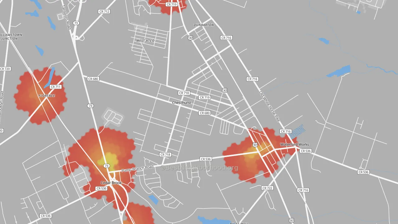Walk Grade map of Chesilhurst, NJ, walkable areas in green and car-dependent areas in red