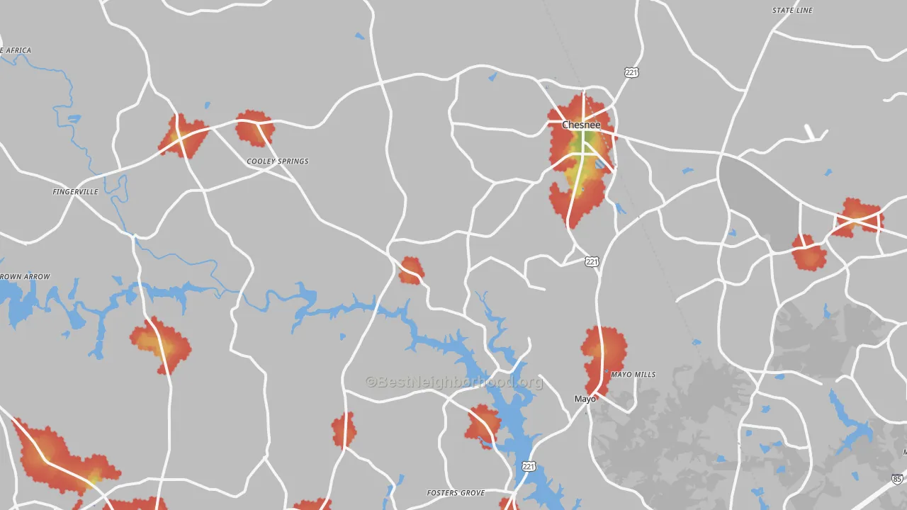 Walk Grade map of Chesnee, SC, walkable areas in green and car-dependent areas in red